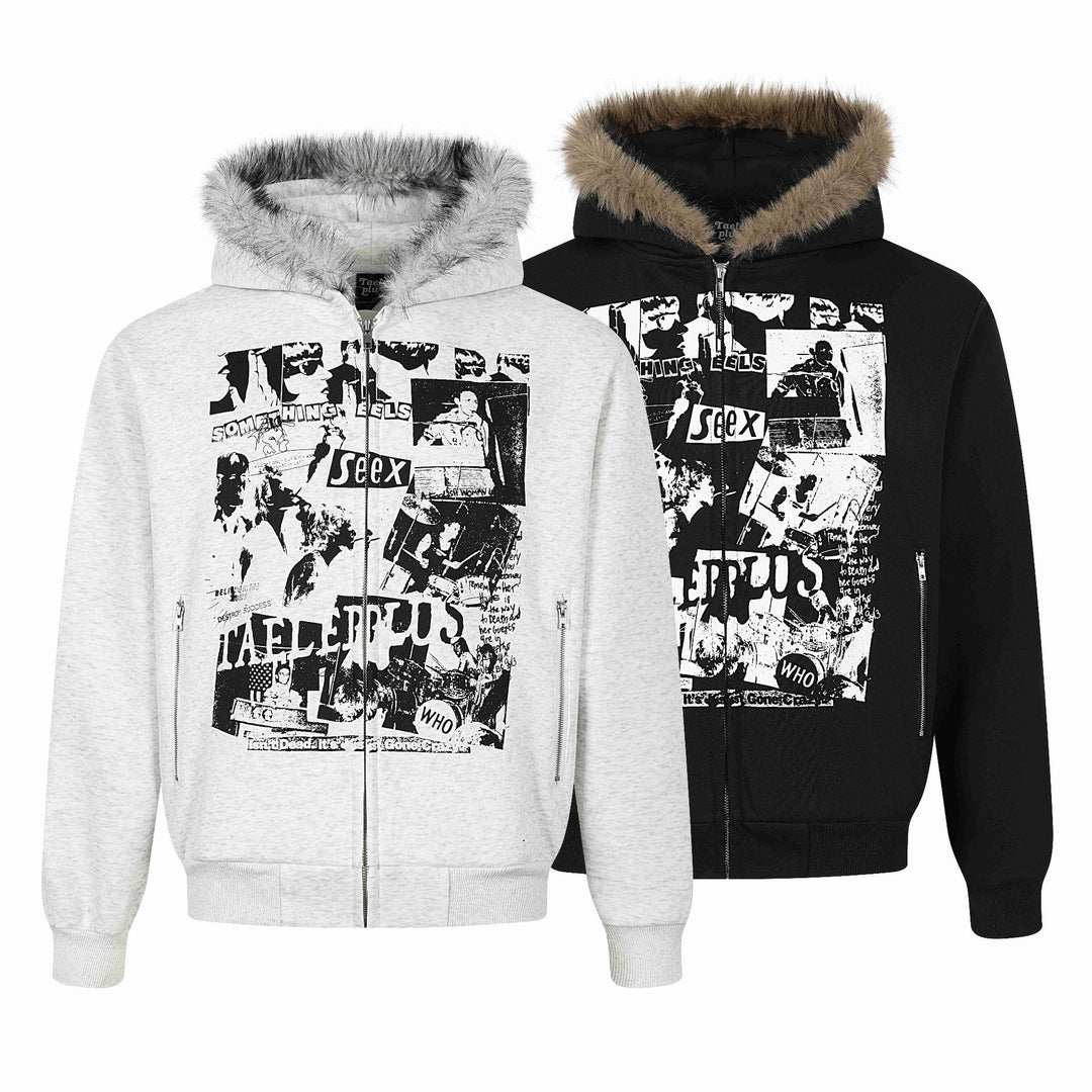 Damen Kapuzen‑Sweatjacke mit Kunstfellbesatz, Frontzip und Collage‑Print Echoarchiv