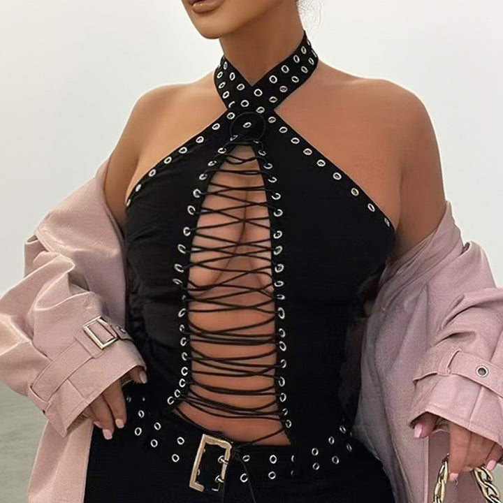 Damen Stylisches Oberteil mit aufwendigem Schnür-Design und glitzernden Akzenten Echo Archiv