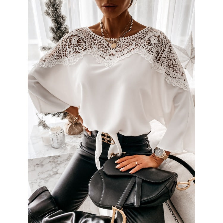 Damen nan elegante Spitzenbluse mit Bindeschleife und überschnittenen Ärmeln Echo Archiv
