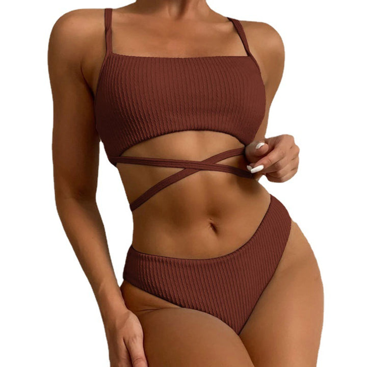 Damen Hochgeschnittener Ripp-Bikini mit Kreuzdetails Echo Archiv