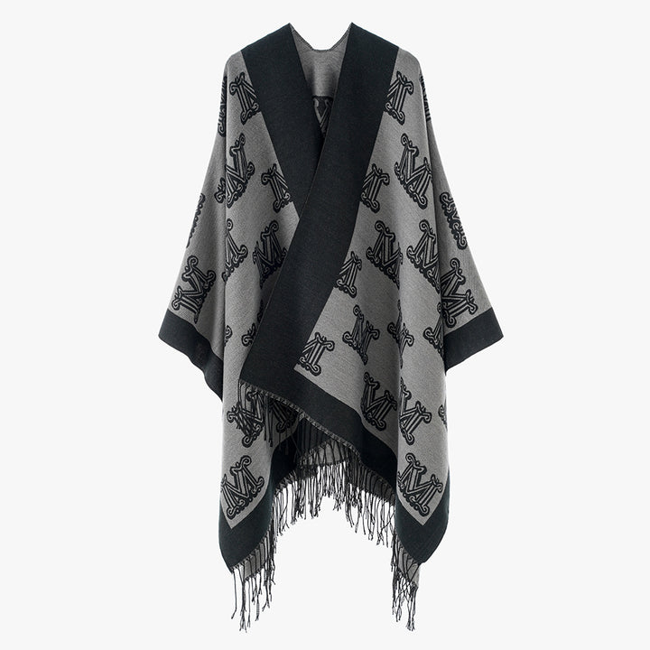 Damen Jacquard-Cape mit Monogramm‑Muster, offenem V‑Ausschnitt und Fransensaum Echo Archiv