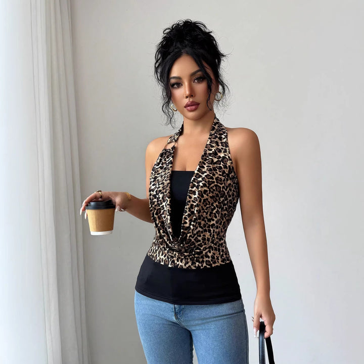 Damen Ärmelloses Neckholder-Wickel-Top mit Drapierter Front und Metallring Echo Archiv