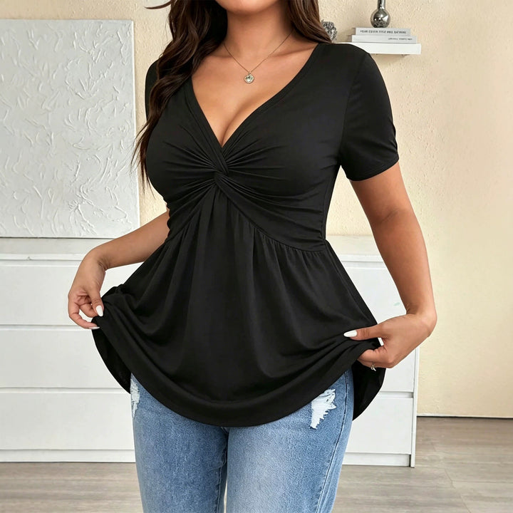 Damen Kurzarm-Bluse mit raffiniertem Wickeldesign und V-Ausschnitt Echo Archiv