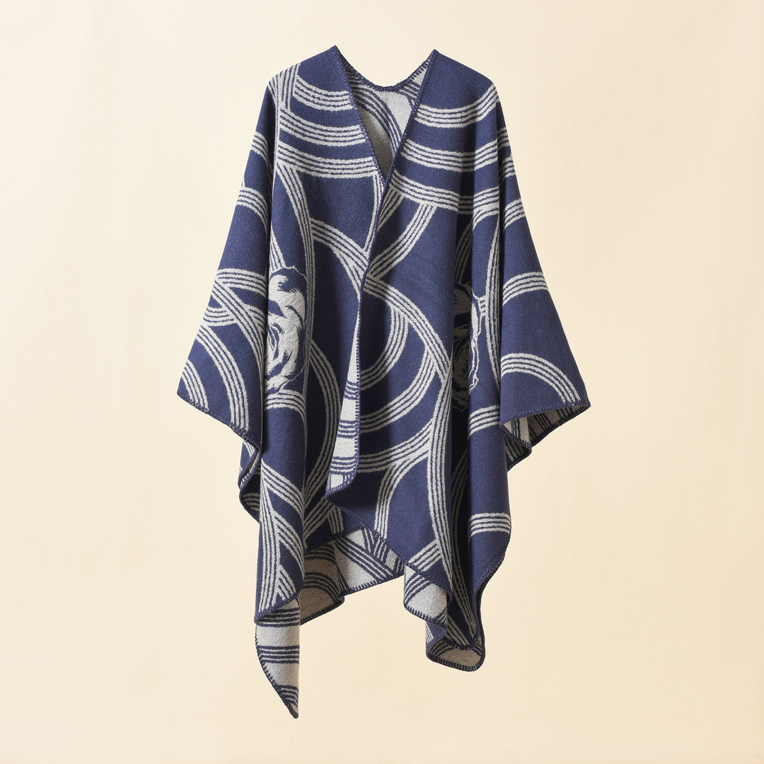Damen Reversfreier Jacquard-Umhang im kastigen Oversize mit abstraktem Medaillonmuster Echo Archiv