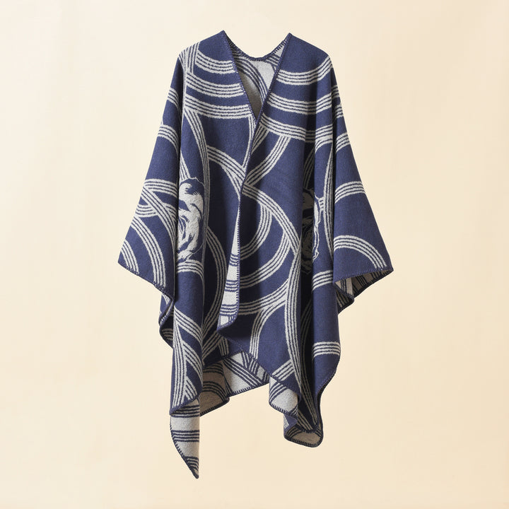 Damen Reversfreier Jacquard-Umhang im kastigen Oversize mit abstraktem Medaillonmuster Echo Archiv