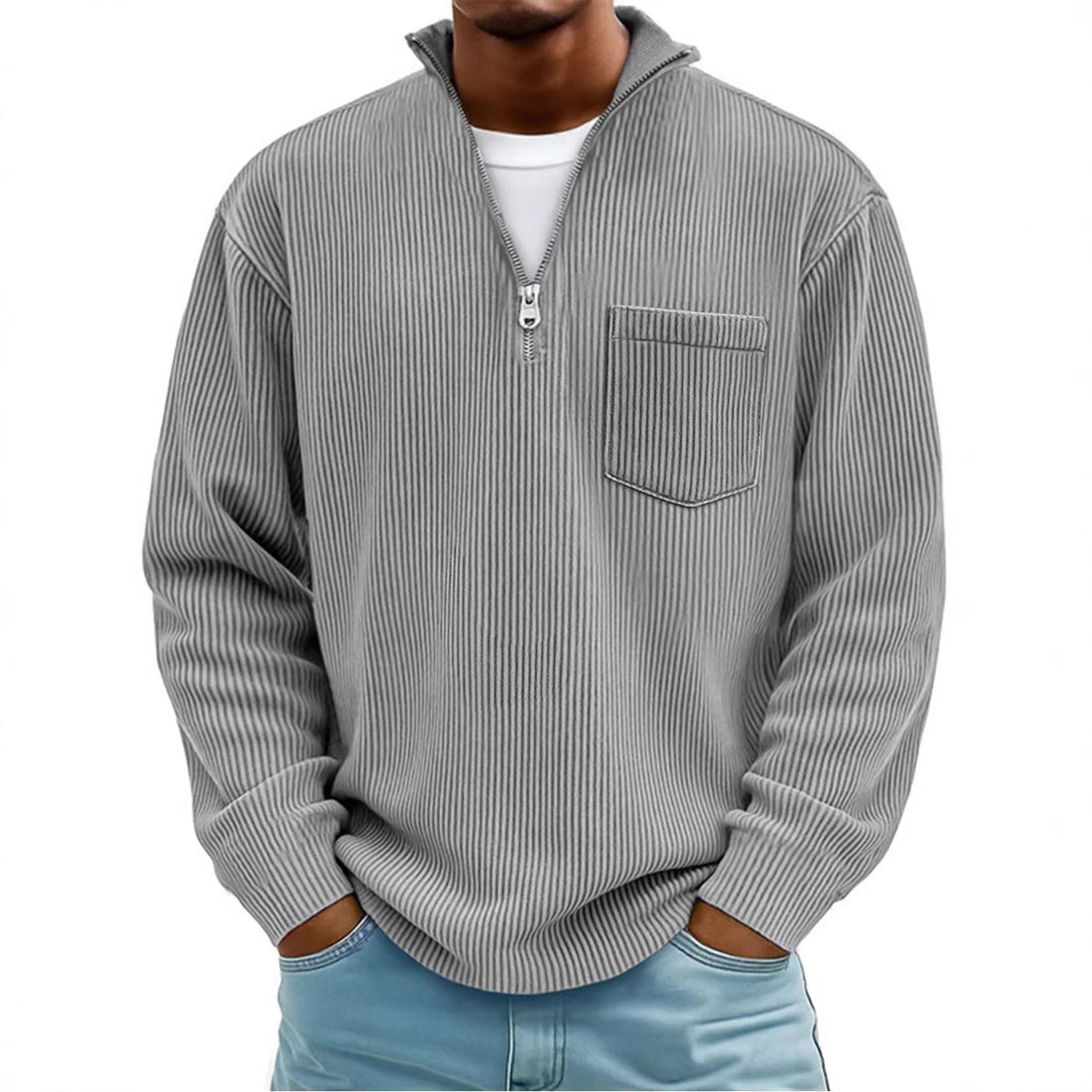 Herren Rippstrickpullover mit kurzem Reißverschluss und Brusttasche EB – Norvane