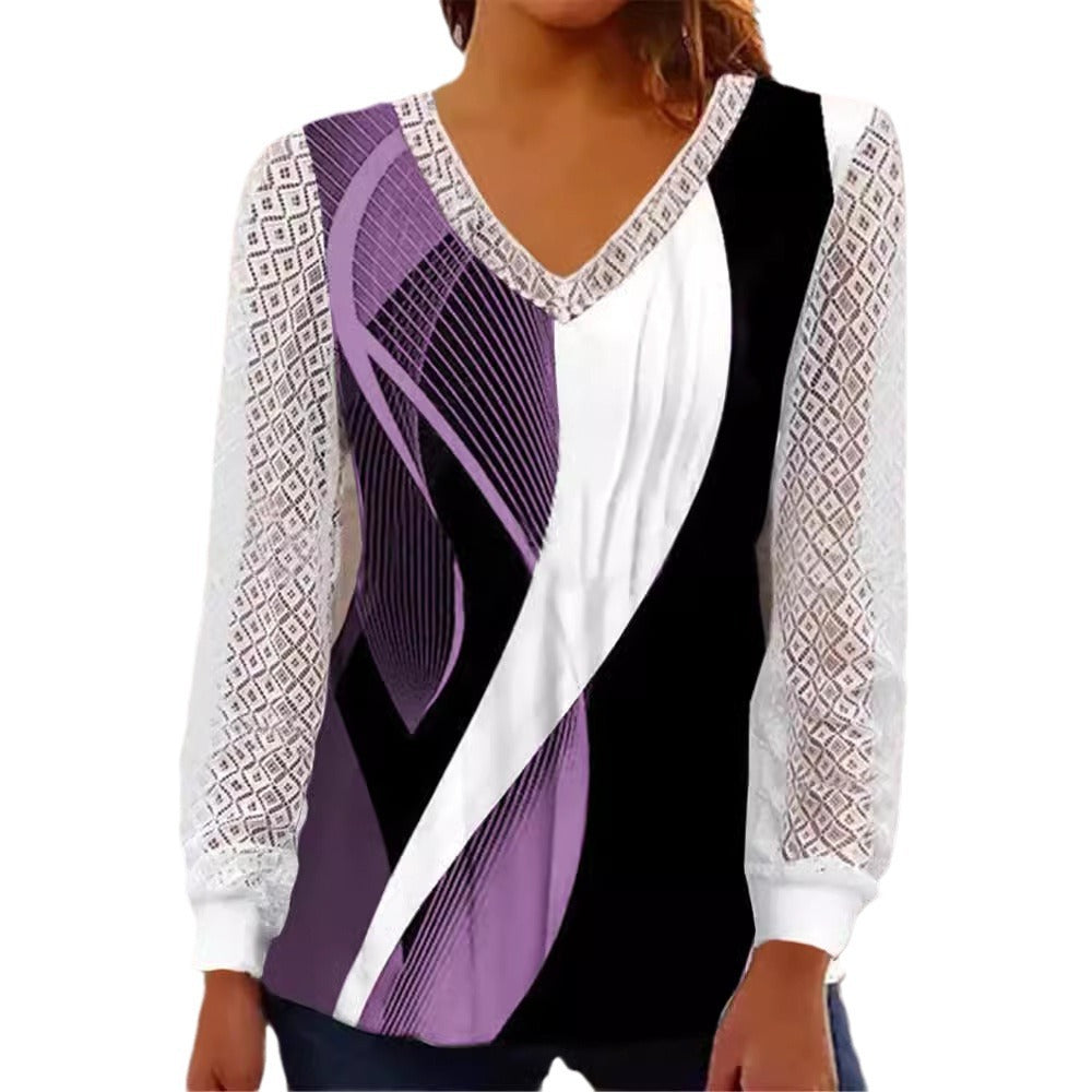Damen V-Ausschnitt Bluse mit abstraktem Grafikprint und Spitzenärmeln Echo Archiv