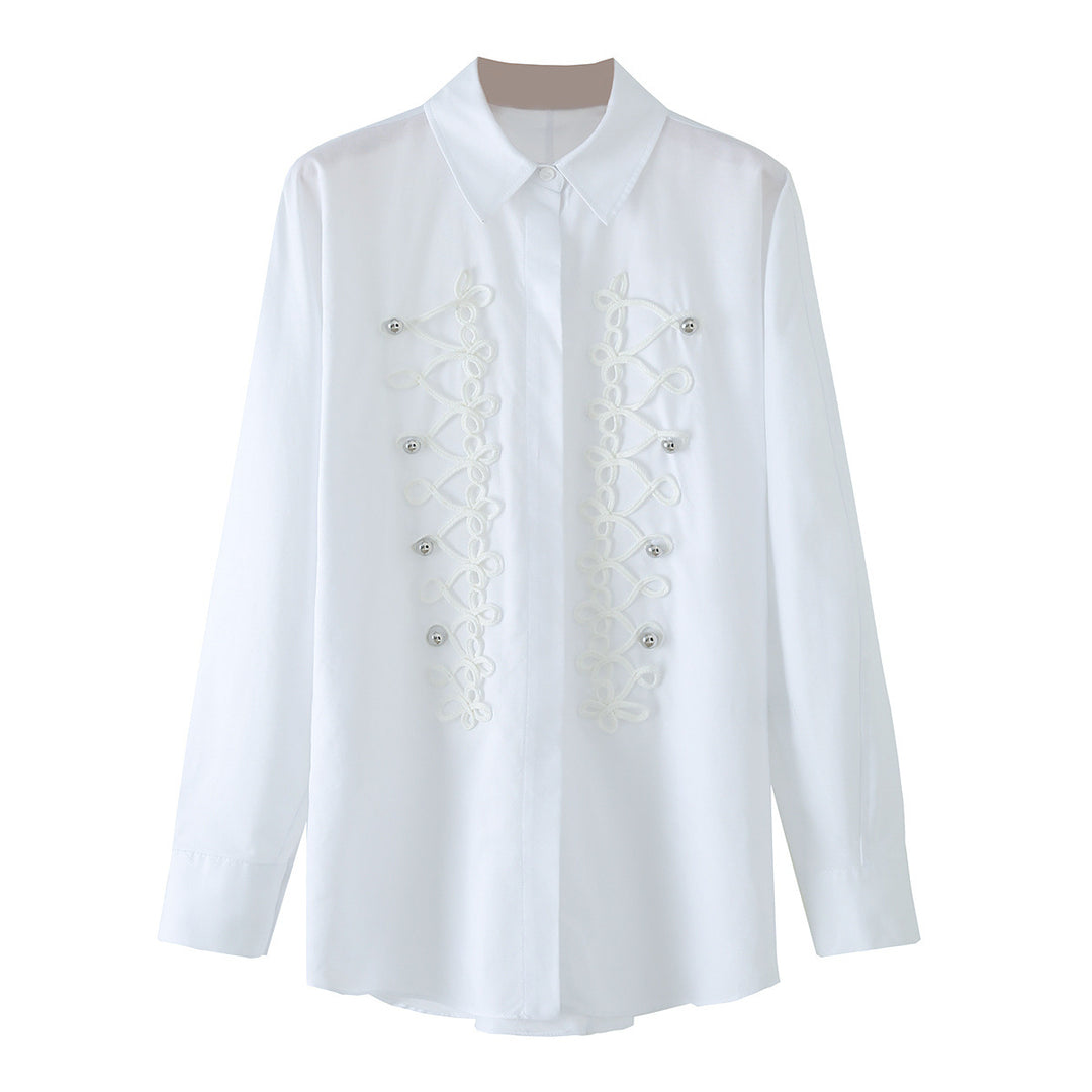 Damen Langärmlige Oversize-Bluse mit verdeckter Knopfleiste und dekorativen Kordelapplikationen Echo Archiv