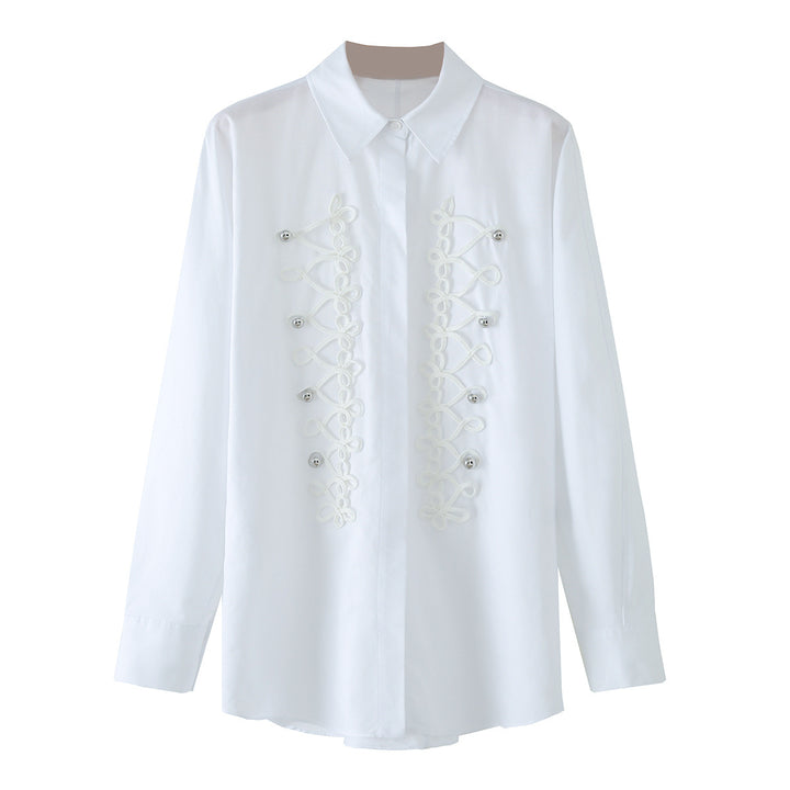 Damen Langärmlige Oversize-Bluse mit verdeckter Knopfleiste und dekorativen Kordelapplikationen Echo Archiv