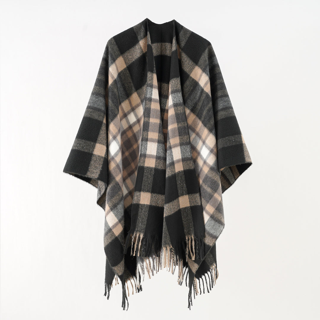 Damen Übergroßer Karierter Wollponcho mit Fransen Echo Archiv