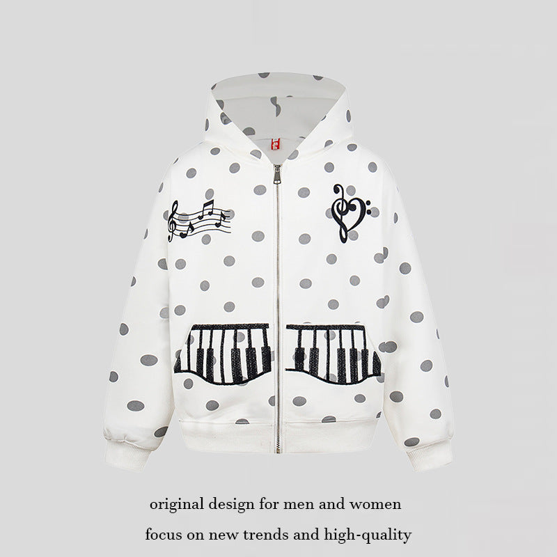 Damen Kapuzen-Sweatjacke im Retro-Punkte-Look mit gestickten Klavier-Taschen und Noten-Emblem Echoarchiv