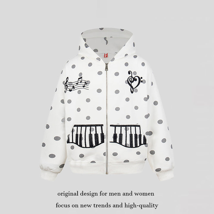 Damen Kapuzen-Sweatjacke im Retro-Punkte-Look mit gestickten Klavier-Taschen und Noten-Emblem Echoarchiv