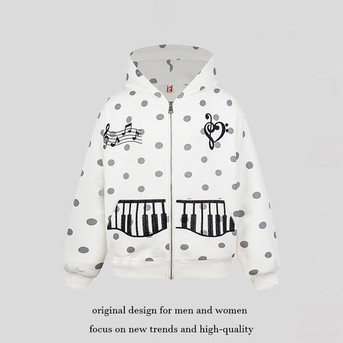Damen Kapuzen-Sweatjacke im Retro-Punkte-Look mit gestickten Klavier-Taschen und Noten-Emblem Echoarchiv