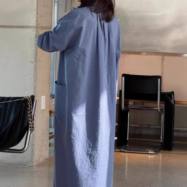 Damen Langes Oversize-Hemdblusenkleid aus Baumwollpopeline mit seitlichen Eingrifftaschen und Rückenpasse – Valéora
