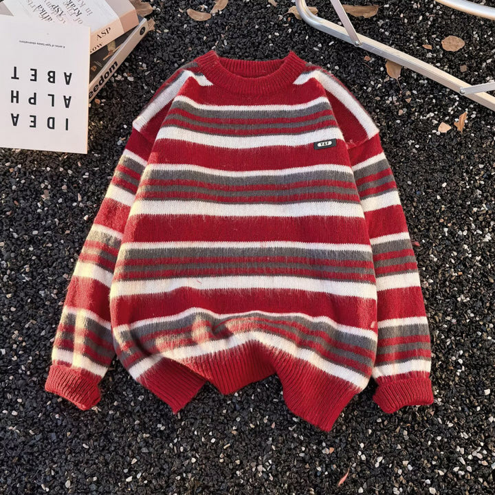 Unisex Gestreifter Oversize-Mohair‑Optik Pullover mit Rundhals und weicher Struktur Echoarchiv