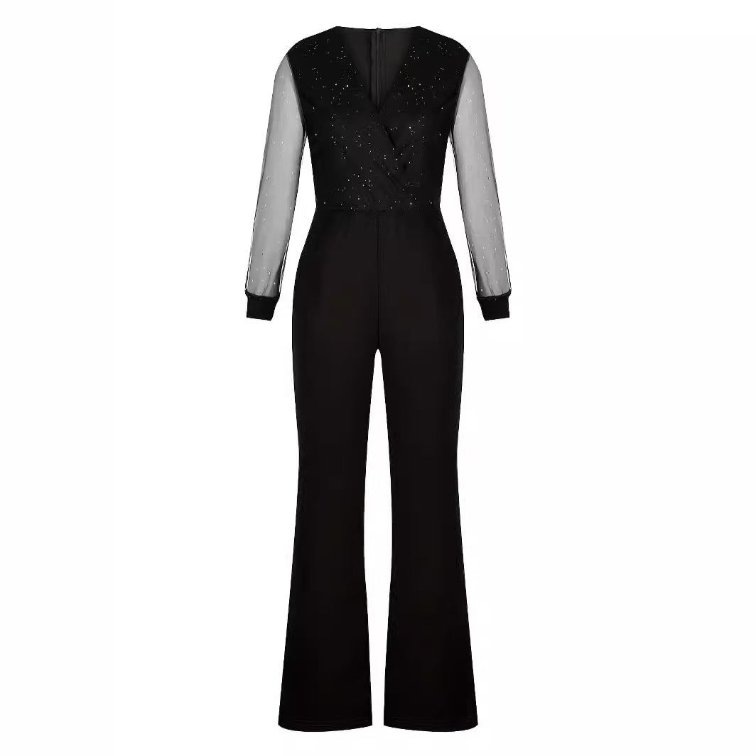 Damen Eleganter Jumpsuit mit transparenten Ärmeln und funkelnden Details Echo Archiv