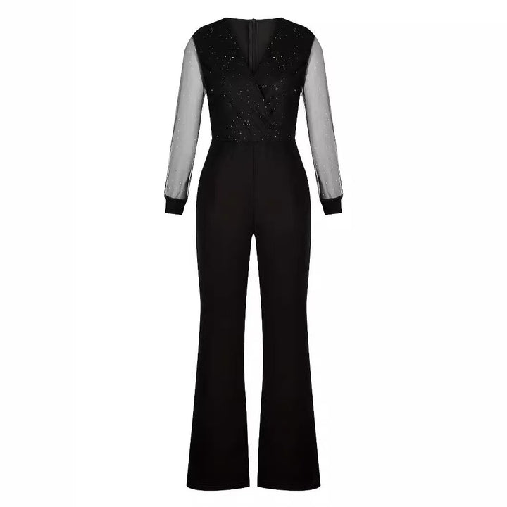 Damen Eleganter Jumpsuit mit transparenten Ärmeln und funkelnden Details Echo Archiv