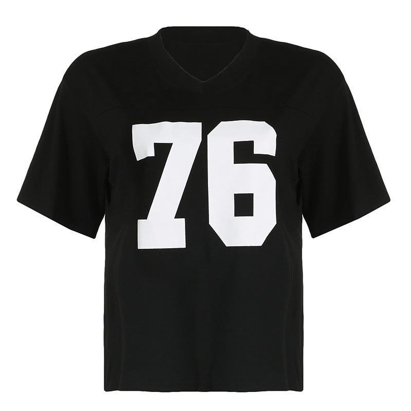 Damen lässiges V-Ausschnitt T-Shirt mit Sportmotiv Echo Archiv