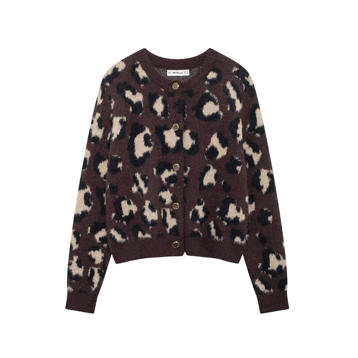Damen nan kuschelige Strickjacke mit Leopardenmuster, Rundhalsausschnitt und durchgehender Knopfleiste Echo Archiv