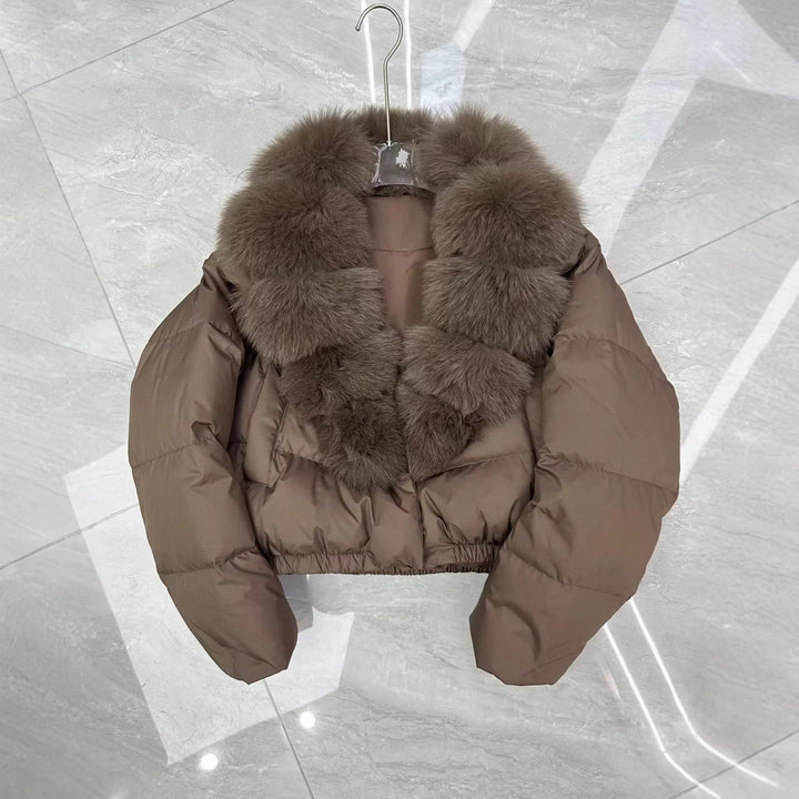 Damen nan kurz geschnittene Boxy-Pufferjacke mit extra großem Webpelzkragen und formstabilem Saum Echo Archiv