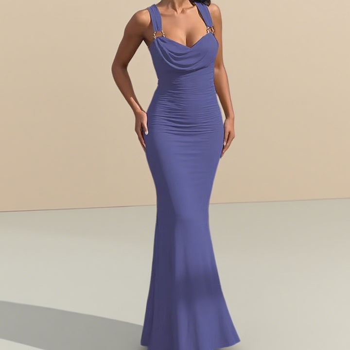 Damen Elegantes figurbetontes Abendkleid mit drapiertem Oberteil und goldenen Trägern Echo Archiv