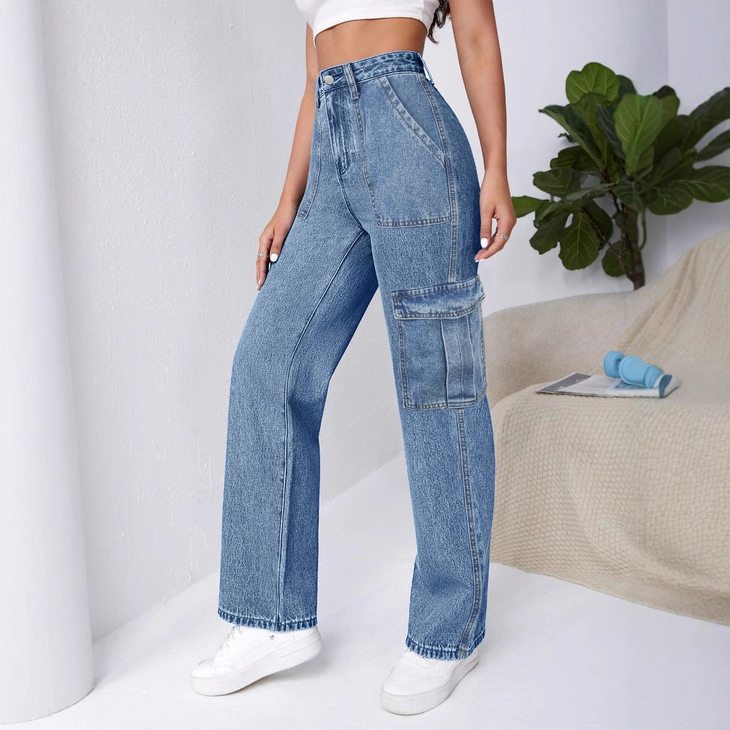 Damen Hochtaillierte Cargo-Weite-Jeans mit aufgesetzten Taschen und elastischem Saum Echo Archiv