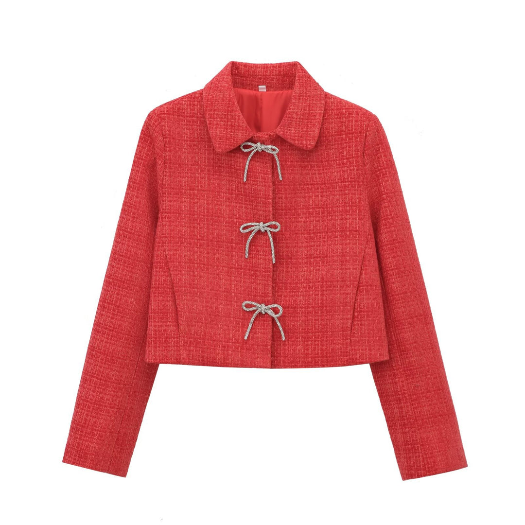 Damen Kurze Bouclé‑Tweed‑Jacke mit Peter‑Pan‑Kragen und dekorativen Schleifenverschlüssen Echo Archiv