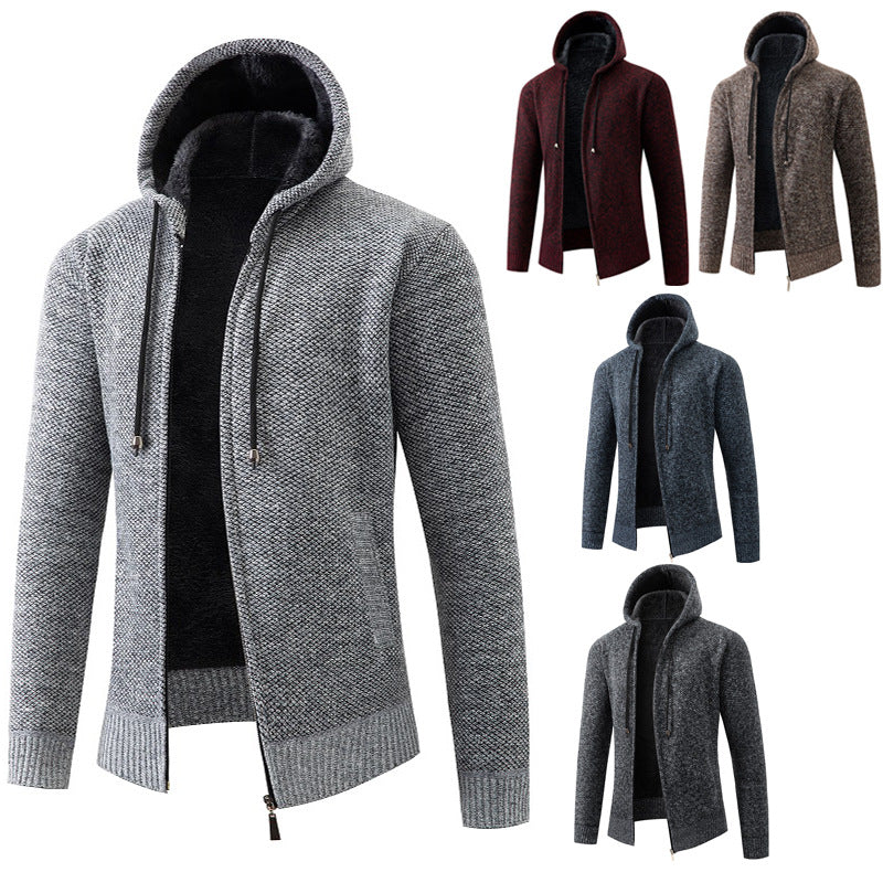 Herren nan melierte Strickzip-Kapuzenjacke mit wärmendem Teddyfutter, verdecktem Zwei-Wege-Reißverschluss und elastischen Bündchen Echo Archiv