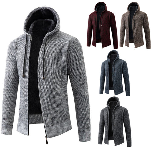 Herren nan melierte Strickzip-Kapuzenjacke mit wärmendem Teddyfutter, verdecktem Zwei-Wege-Reißverschluss und elastischen Bündchen Echo Archiv