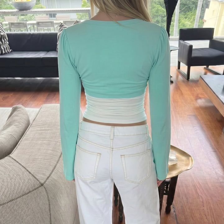 Damen nan Bolero-Overlay-Top mit tiefem V-Ausschnitt, ausgestellten Trompetenärmeln und integrierter Camisole Echo Archiv