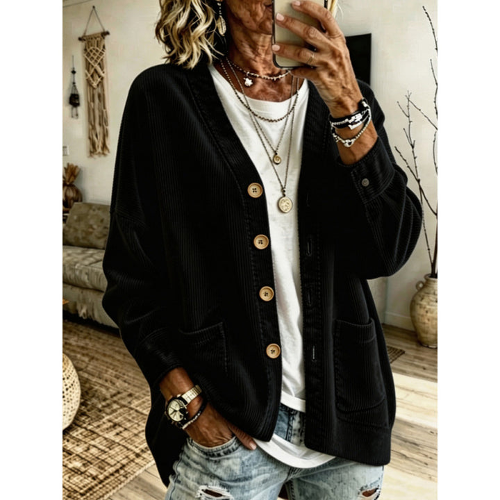 Damen Oversized Cord-Cardigan mit aufgesetzten Taschen und Holzknöpfen Echo Archiv