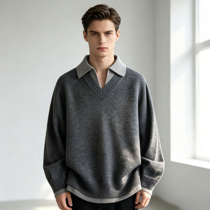 Unisex Lässiger Strukturstrick-Pullover mit offenem Polokragen und tiefem V-Ausschnitt Echoarchiv