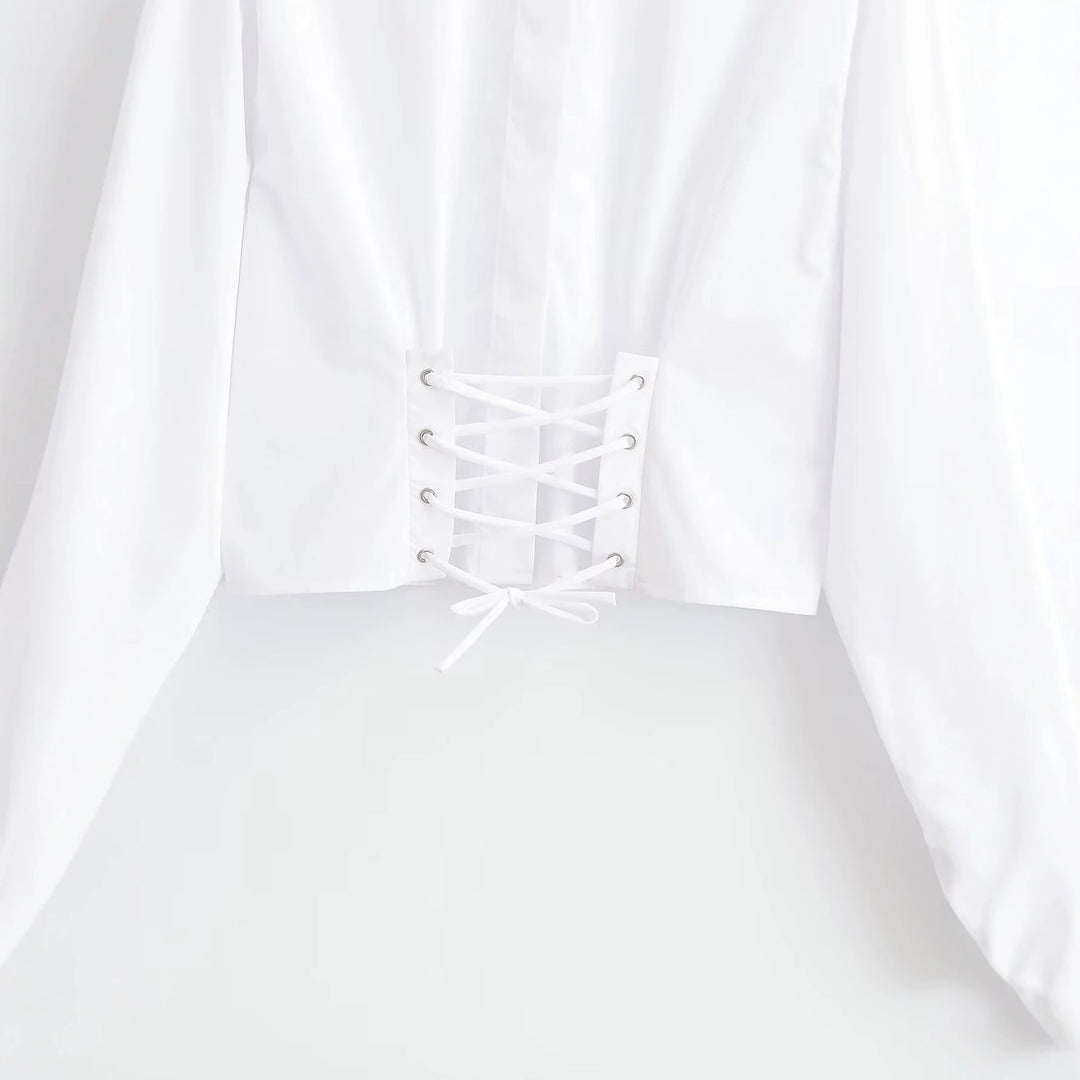 Damen Kurzbluse mit taillierter Schnürung und Stehkragen Echo Archiv