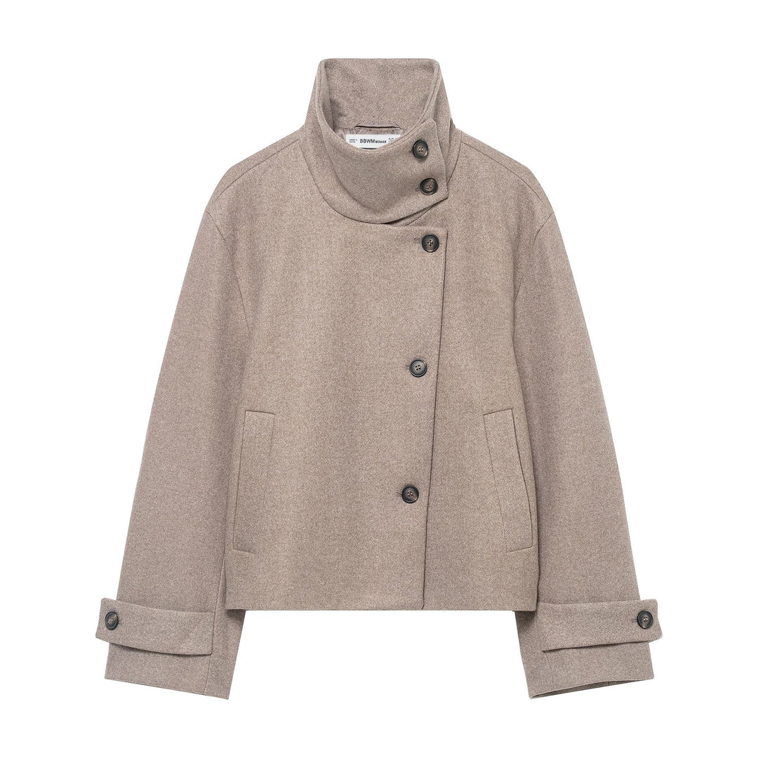 Damen Kurzjacke im Boxy-Cut aus Wollmix mit hohem Stehkragen und asymmetrischer Knopfleiste Echoarchiv