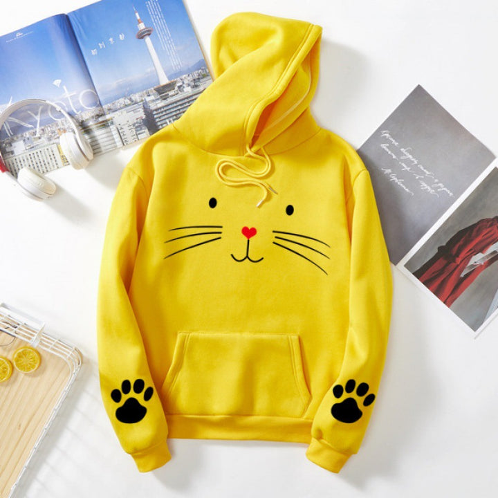 Damen Kapuzenpullover mit gedrucktem Katzenmotiv, Kängurutasche und Pfotenapplikationen – Auréline