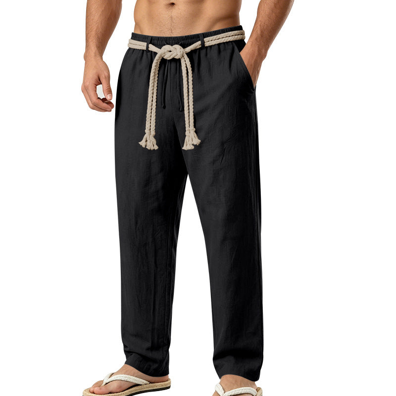 Herren lässige Leinen-Loungehose mit elastischem Bund, dekorativem Seilgürtel und Seitentaschen Echoarchiv