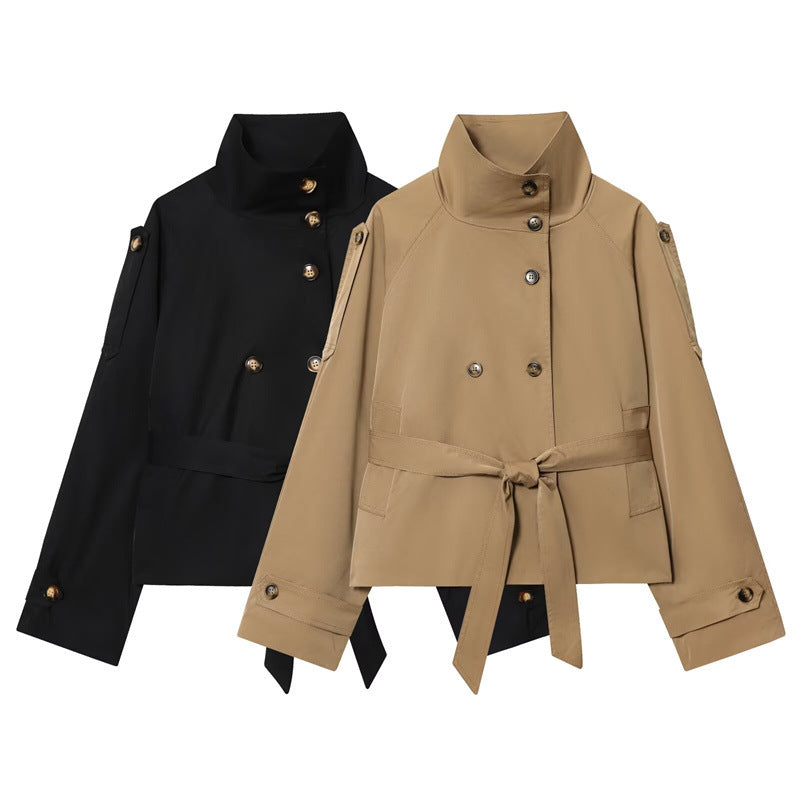 Damen Kurzjacke im Marineinspirierten Doppelreiher mit Stehkragen, Zierknöpfen und Bindegürtel Echo Archiv