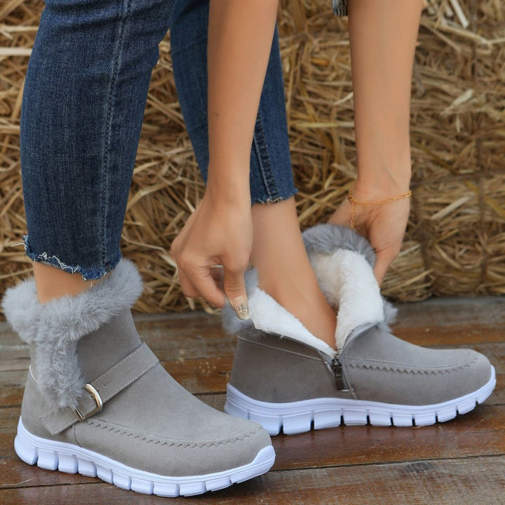 Damen Gefütterte Ankle-Boots aus Wildlederoptik mit Kunstfellkragen, seitlichem Reißverschluss und leichter Profilsohle – Varelle