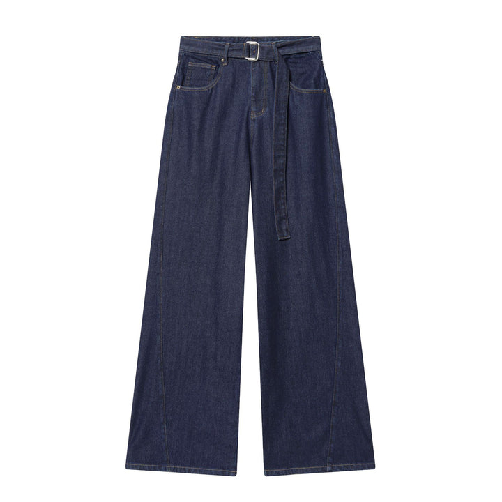 Damen hochgeschnittene Jeans mit weitem Bein, Stoffgürtel und großen Vordertaschen – Dénora