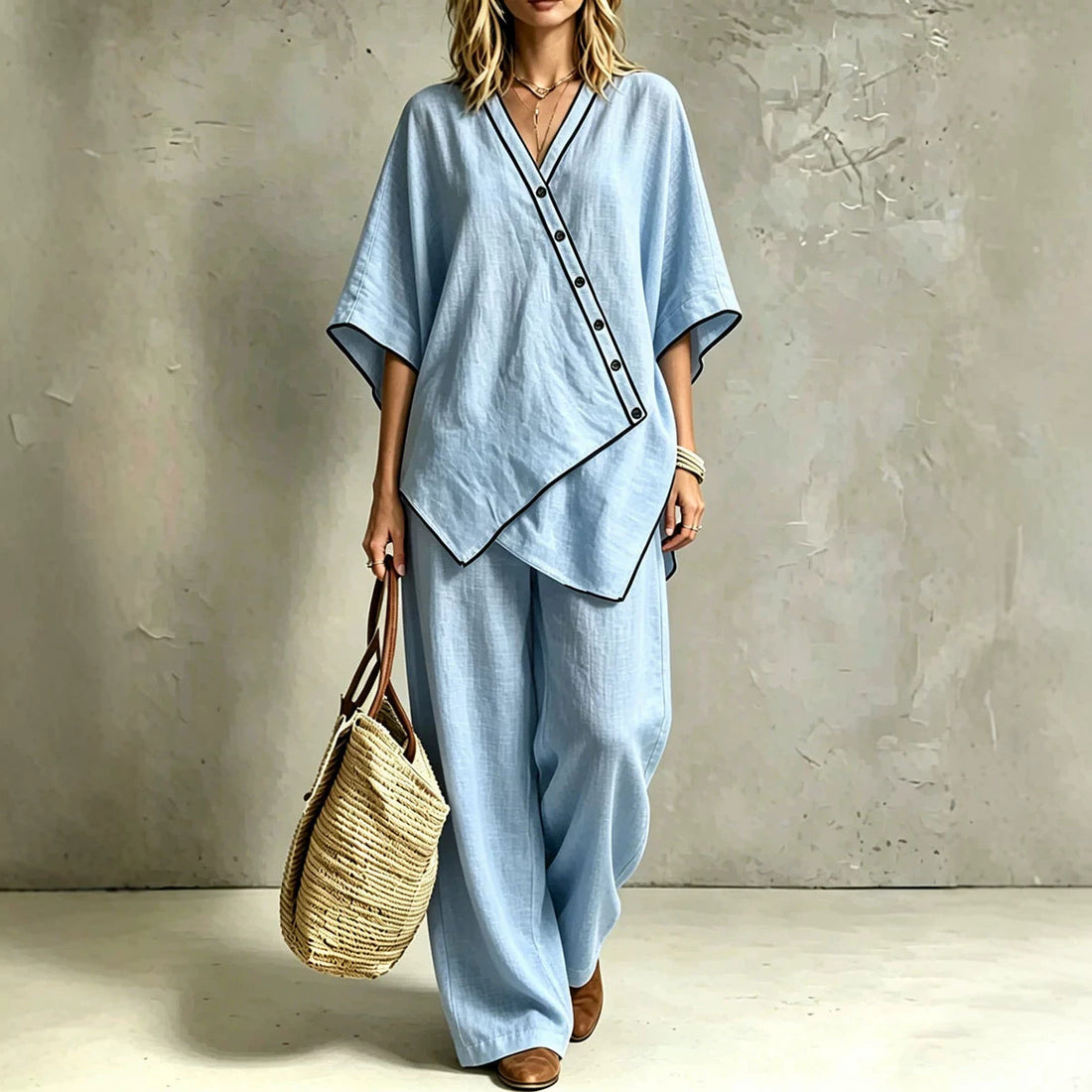 Damen Asymmetrisches Tunika-Loungewear-Set mit diagonaler Knopfleiste und weiter Palazzohose – Élanora