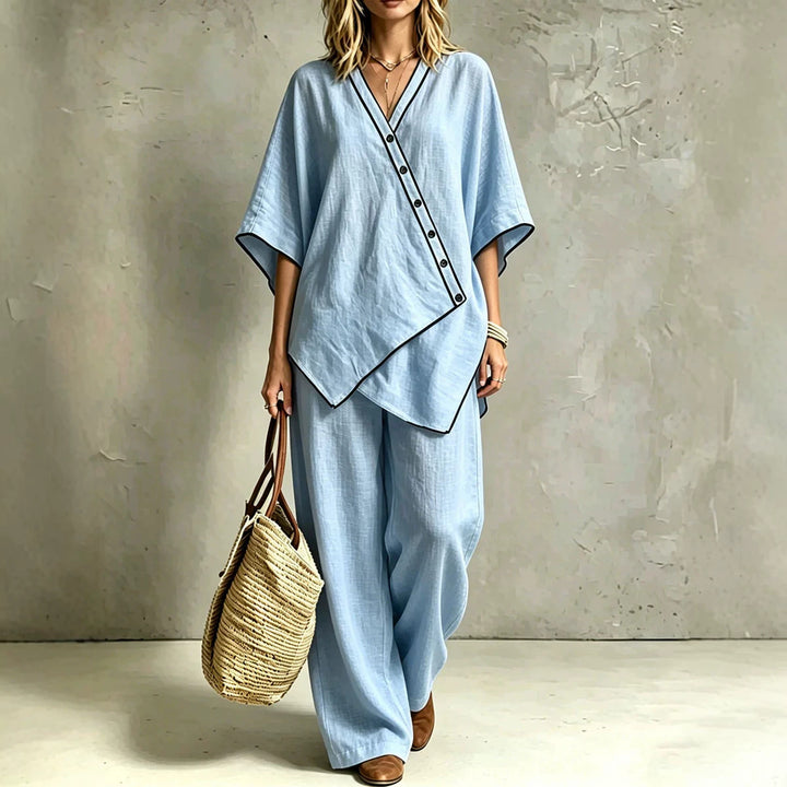 Damen Asymmetrisches Tunika-Loungewear-Set mit diagonaler Knopfleiste und weiter Palazzohose – Élanora
