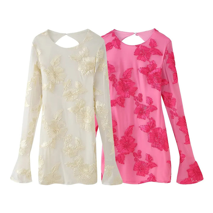 Damen bestickte Chiffonbluse mit floraler 3D-Applikation, Cut-Out Rücken und ausgestellten Manschetten – Élovi