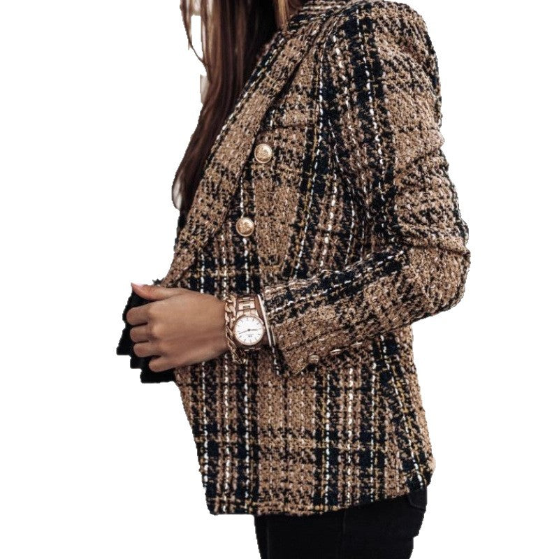 Damen nan eleganter Tweed-Blazer mit Doppelknopf, strukturierter Webung und aufgesetzten Taschen Echo Archiv