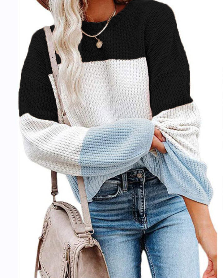 Damen Oversize Colorblock Strickpullover mit Ballonärmeln Echoarchiv