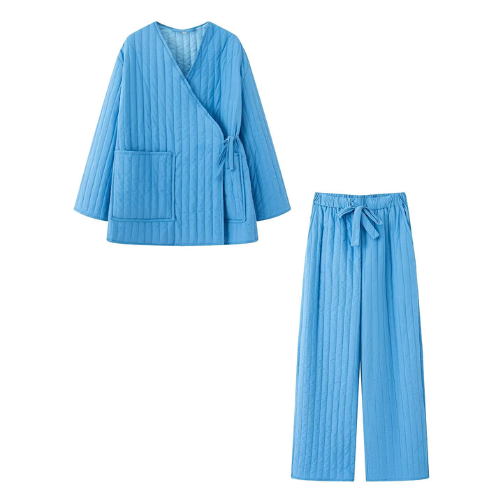 Damen gesteppter Kimono-Wickel-Loungewear-Set mit weiter Bundhose – Élanora