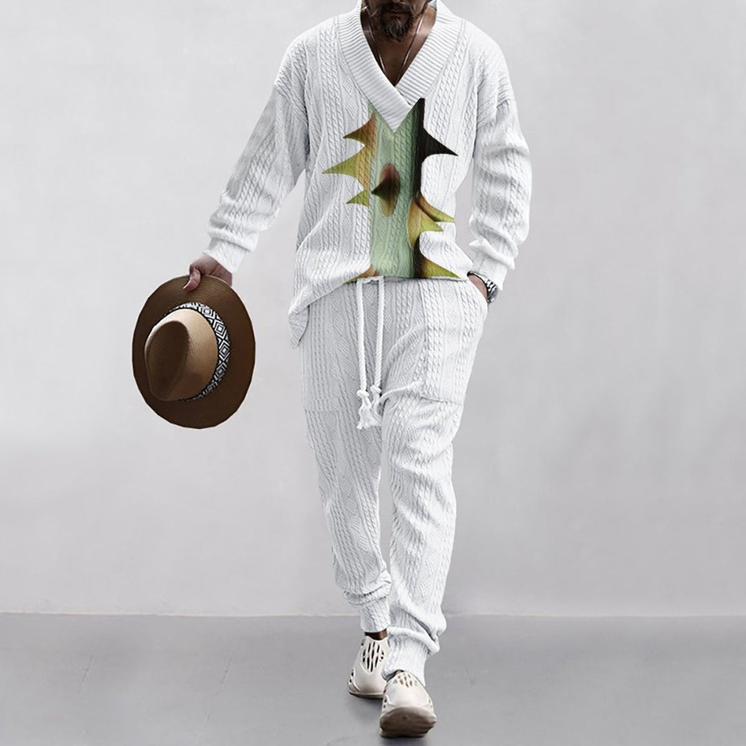 Herren lässiges Freizeit-Outfit mit Palmenmuster und V-Ausschnitt Echoarchiv