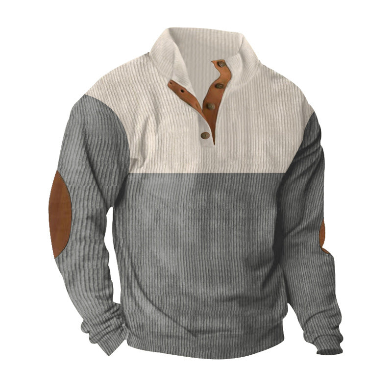 Herren nan gerippter Henley-Strickpullover mit Lederbesatz an Knopfleiste und Ellbogen-Patches Echo Archiv