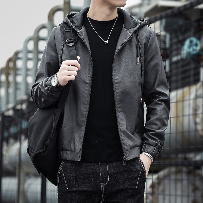 Herren Modische Kunstlederjacke mit verstellbarer Kapuze Echo Archiv