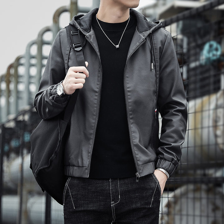 Herren Modische Kunstlederjacke mit verstellbarer Kapuze Echo Archiv