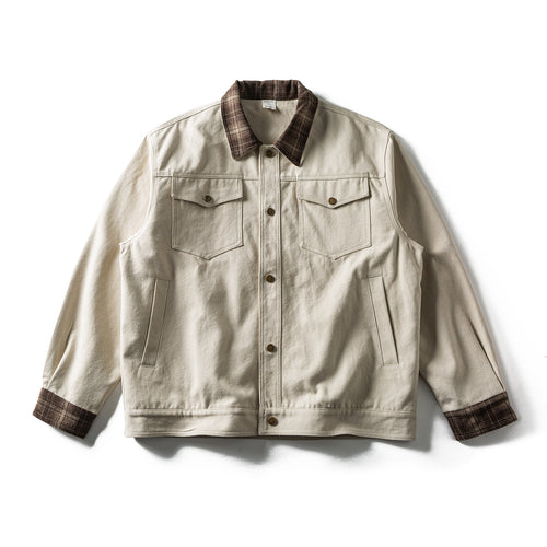 Herren Kurz geschnittener Canvas‑Blouson mit kariertem Kragen und Druckknopf‑Brusttaschen Echoarchiv